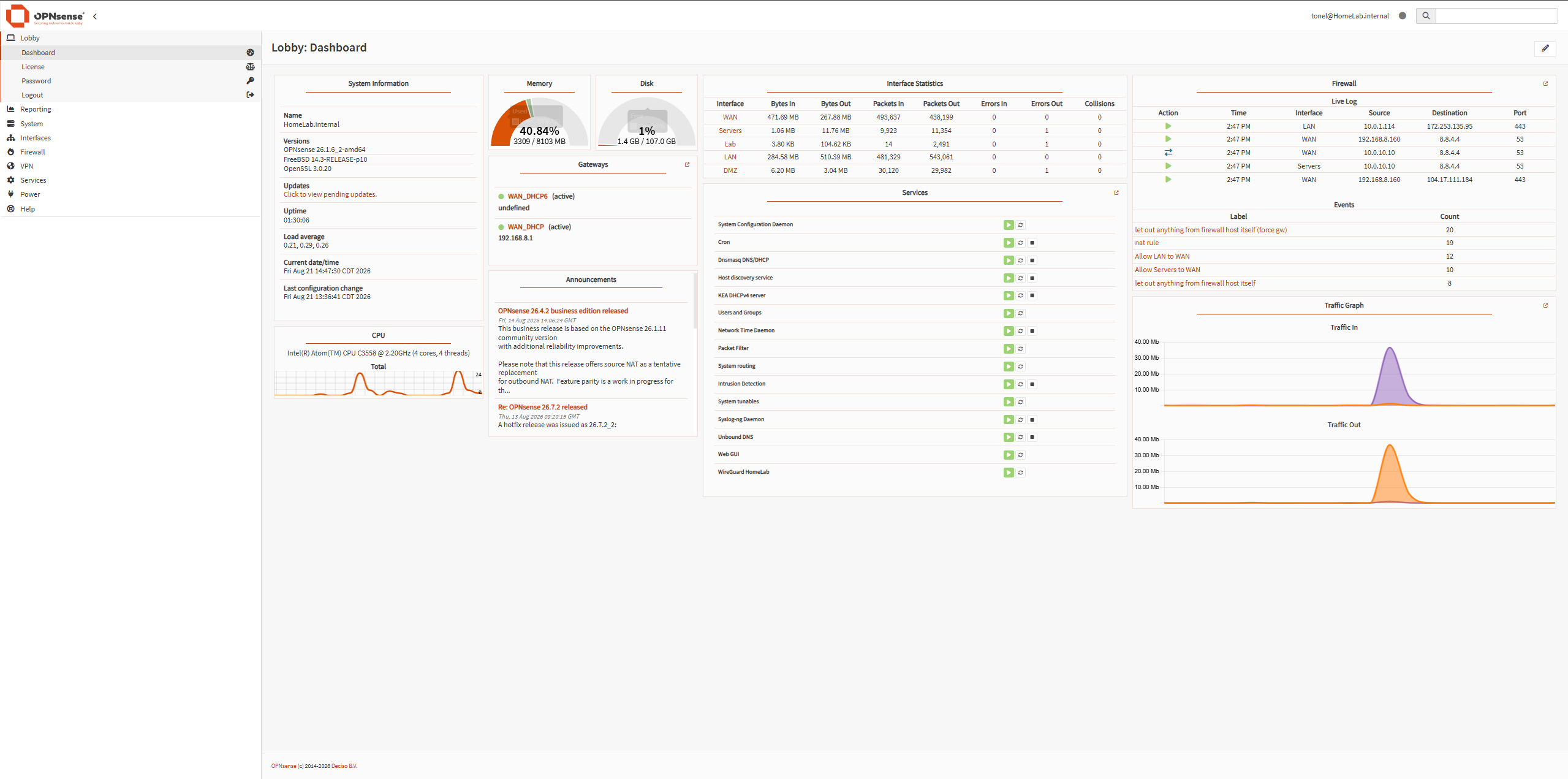 OPNsense firewall dashboard